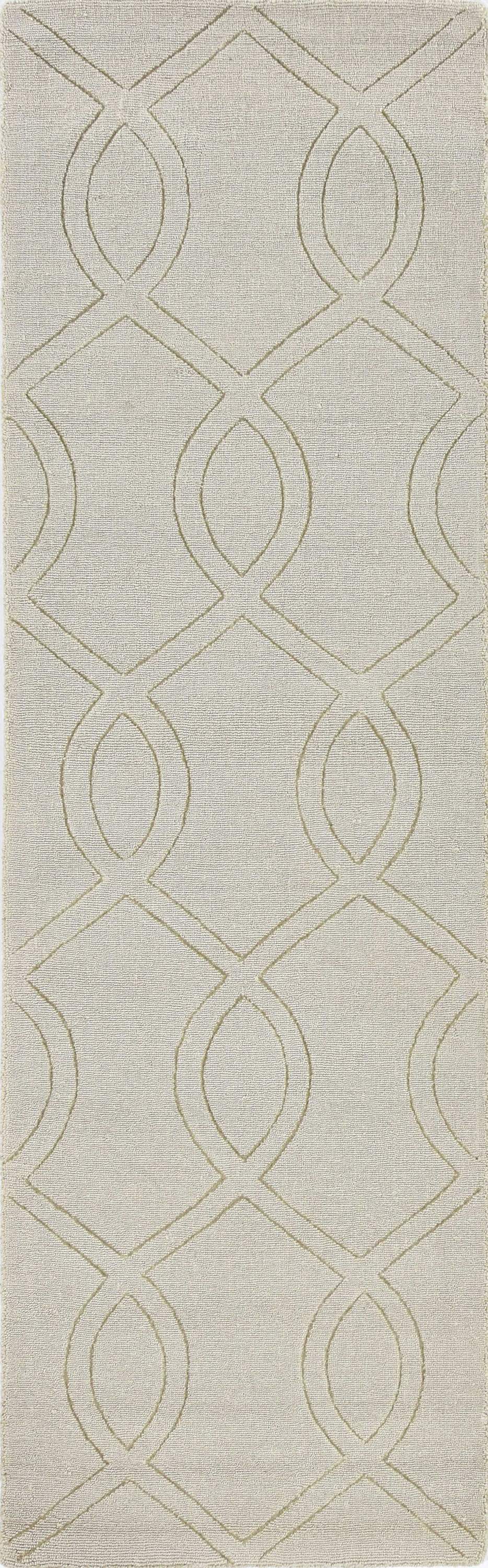 A 17" x 90" beige polyester rug with elegant cut loop embossed patterns, showcasing its soft texture and sophisticated design.