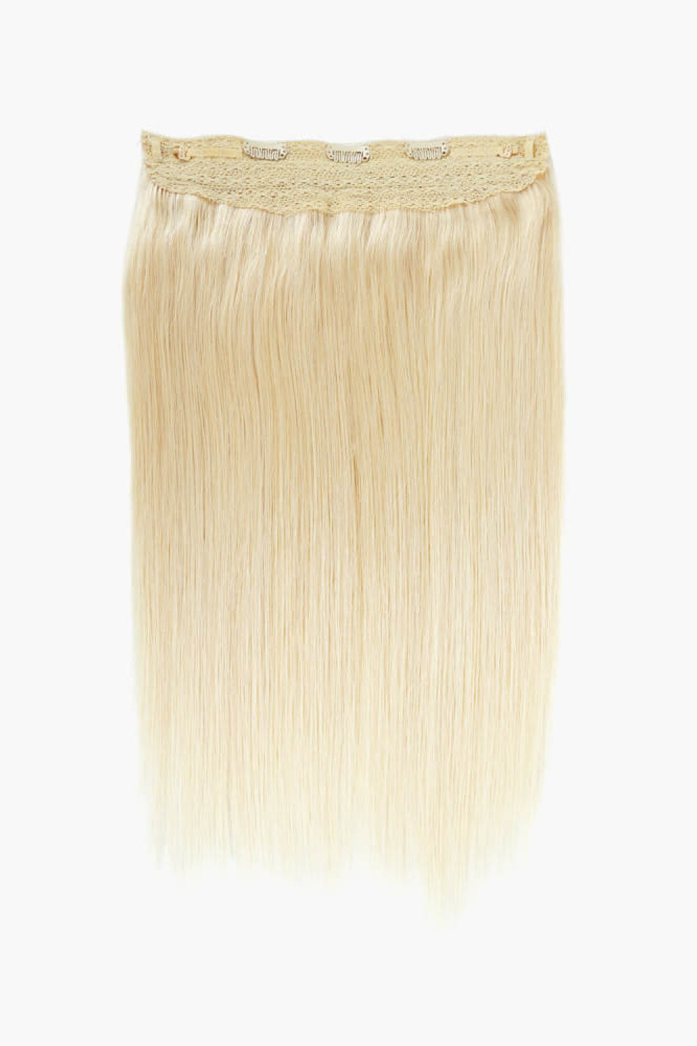 18 inch long straight Indian human halo hair extension displayed in a flat lay style, showcasing its silky texture and natural appearance.