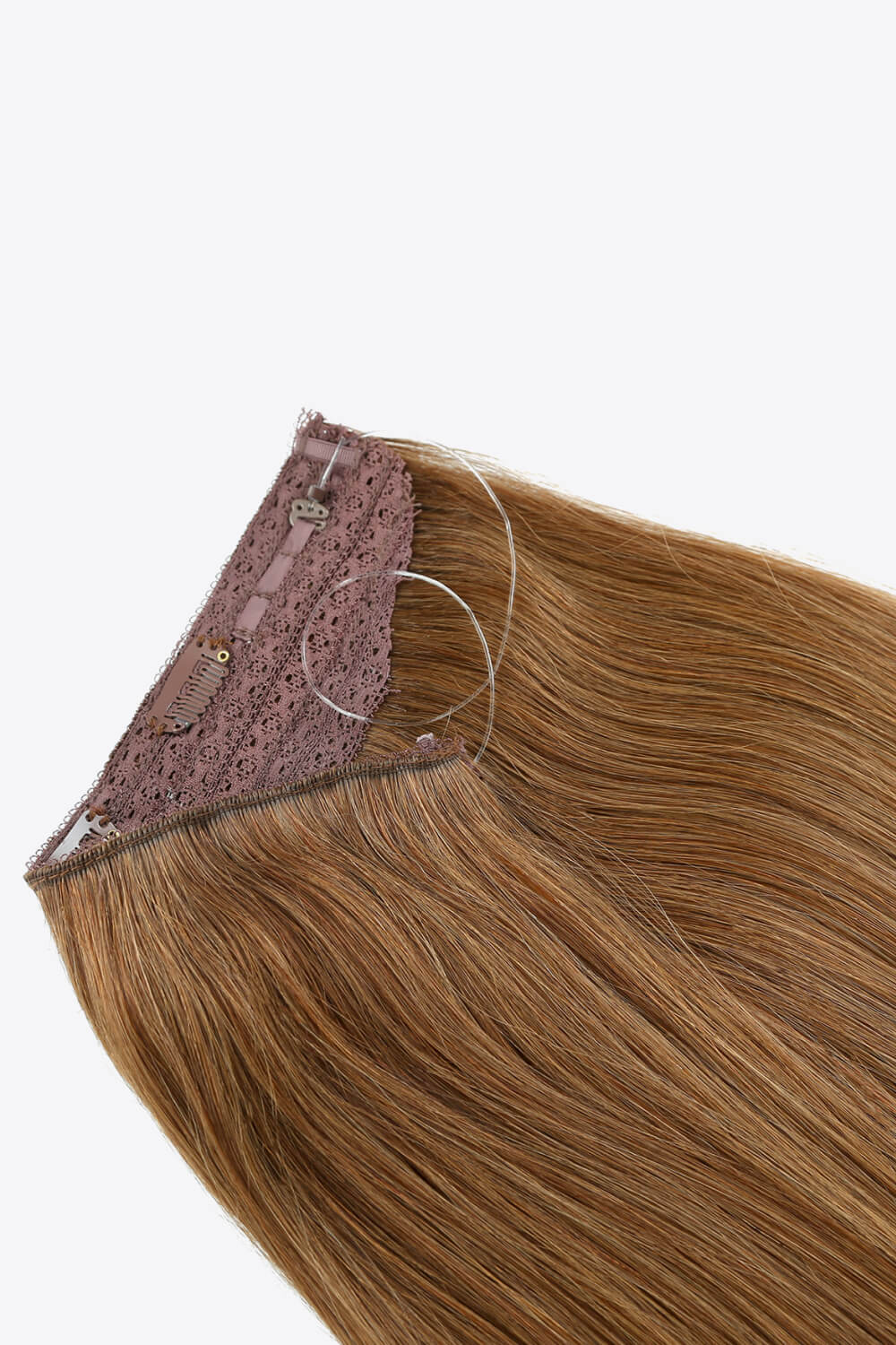 18 inch long straight Indian human halo hair extension displayed in a flat lay style, showcasing its silky texture and natural appearance.