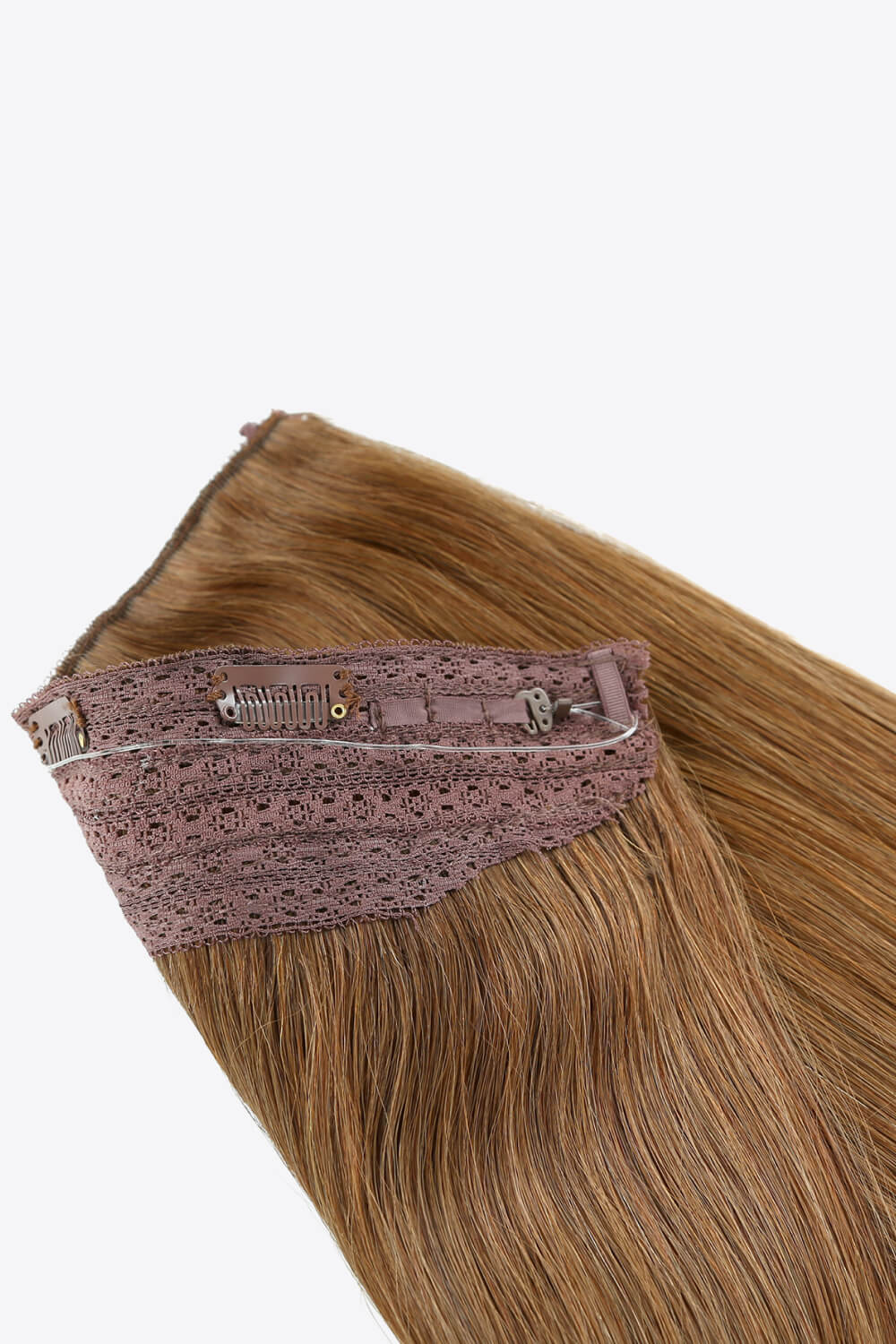 18 inch long straight Indian human halo hair extension displayed in a flat lay style, showcasing its silky texture and natural appearance.