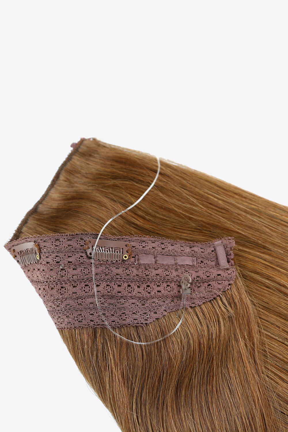 18 inch long straight Indian human halo hair extension displayed in a flat lay style, showcasing its silky texture and natural appearance.