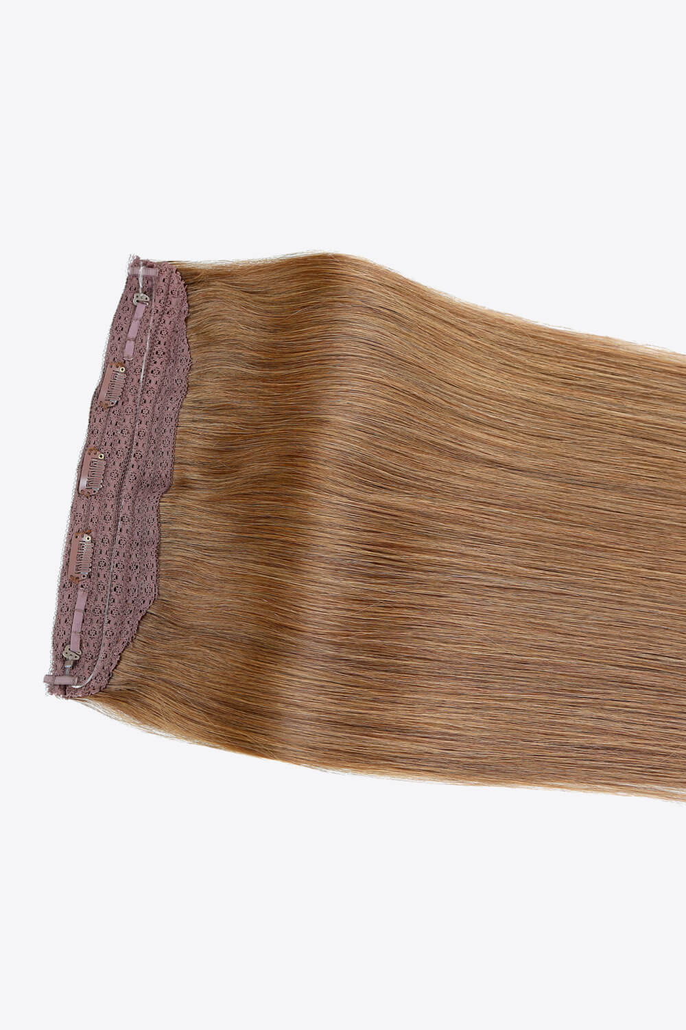 18 inch long straight Indian human halo hair extension displayed in a flat lay style, showcasing its silky texture and natural appearance.