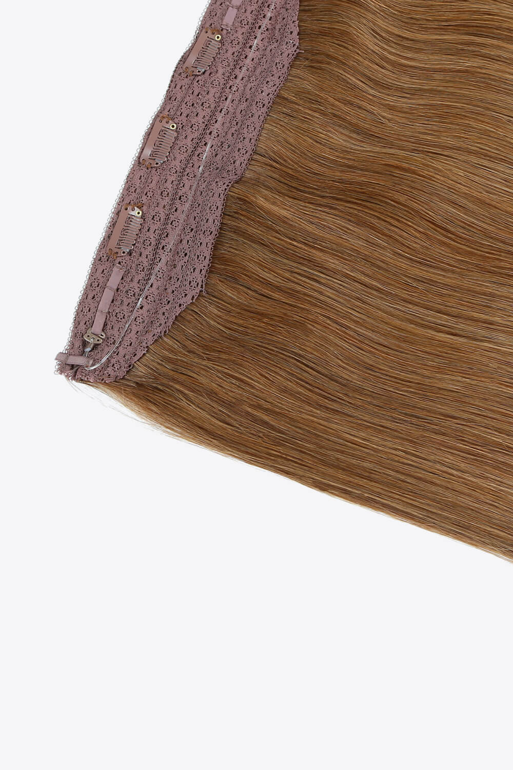 18 inch long straight Indian human halo hair extension displayed in a flat lay style, showcasing its silky texture and natural appearance.