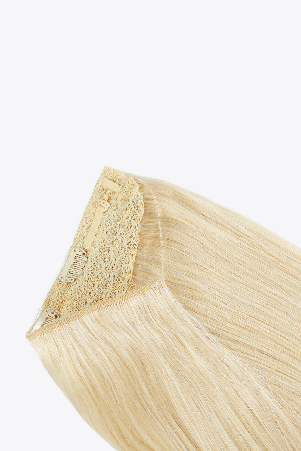 18 inch long straight Indian human halo hair extension displayed in a flat lay style, showcasing its silky texture and natural appearance.