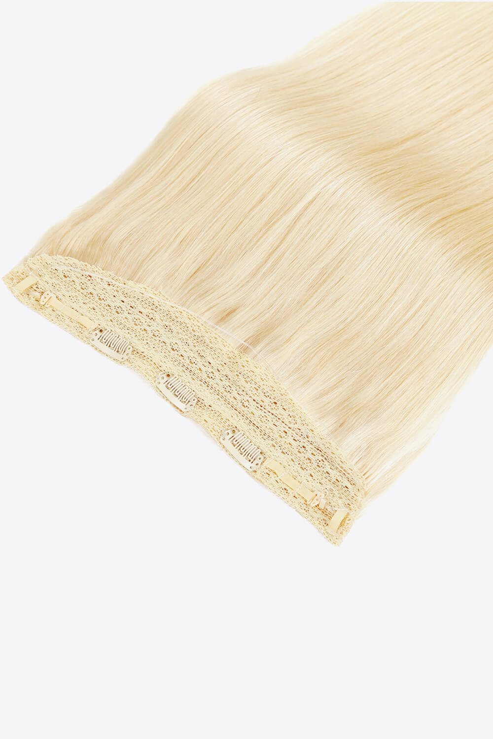 18 inch long straight Indian human halo hair extension displayed in a flat lay style, showcasing its silky texture and natural appearance.