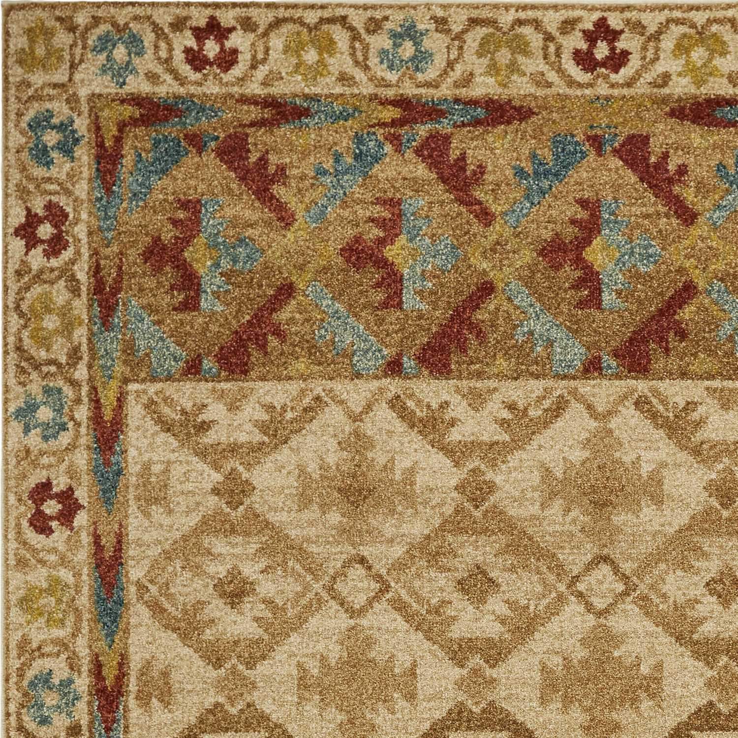 A large 118" x 158" sand-colored polypropylene rug with a vintage traditional design, featuring distressed touches for an old-world charm.