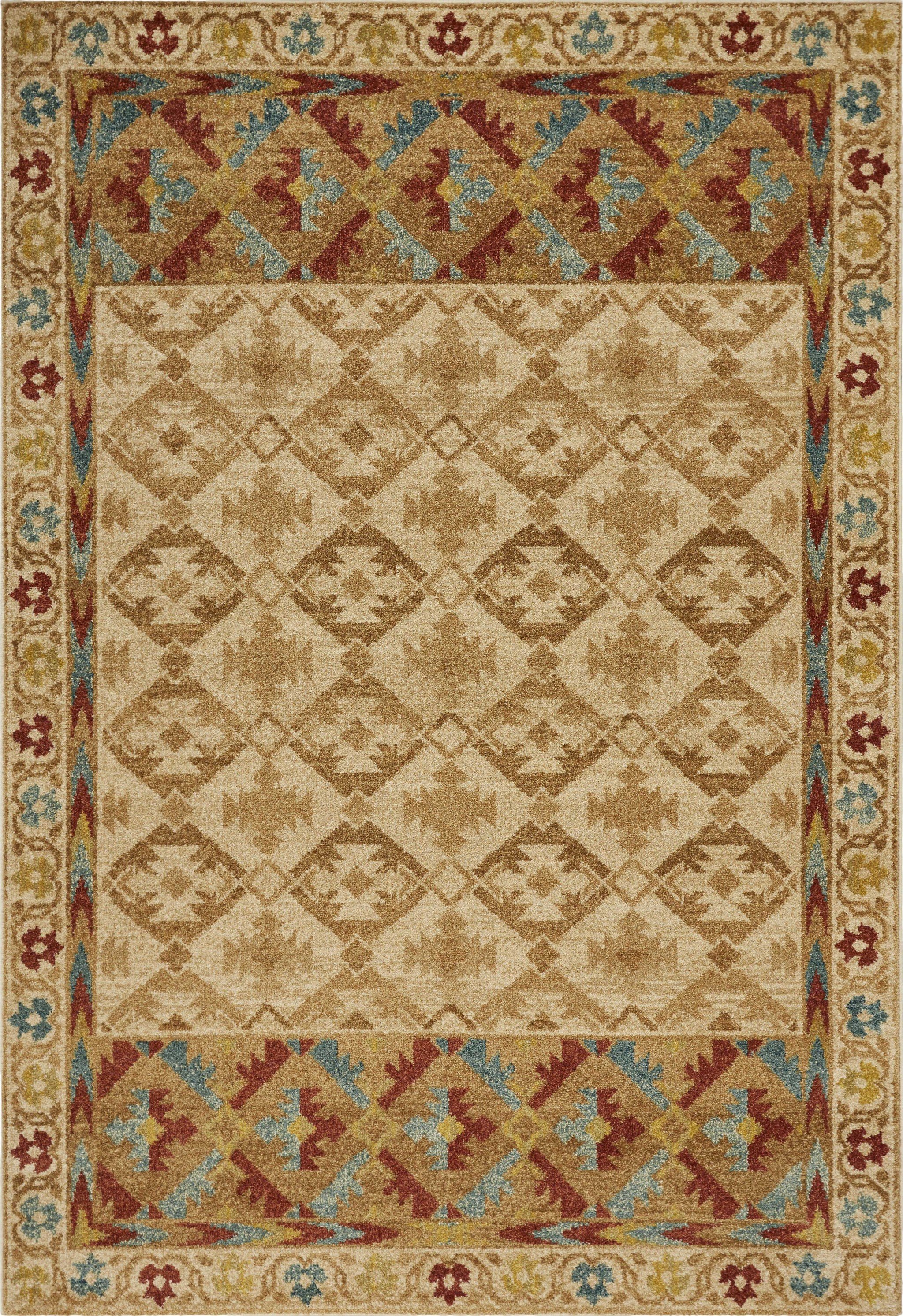 A large 118" x 158" sand-colored polypropylene rug with a vintage traditional design, featuring distressed touches for an old-world charm.