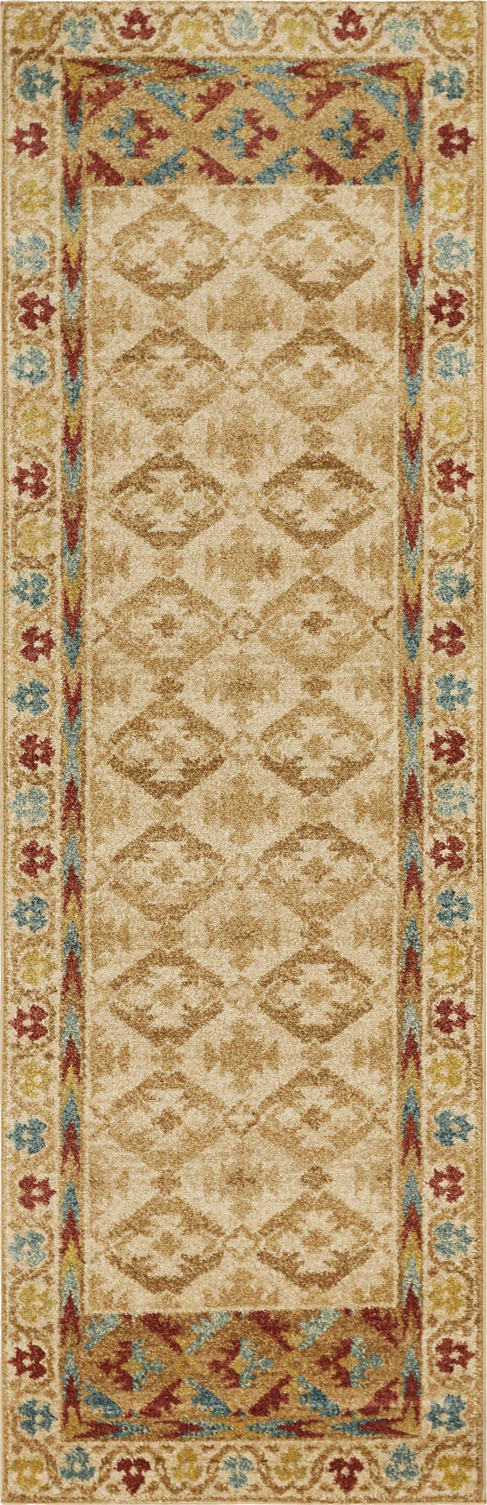 A large 118" x 158" sand-colored polypropylene rug with a vintage traditional design, featuring distressed touches for an old-world charm.