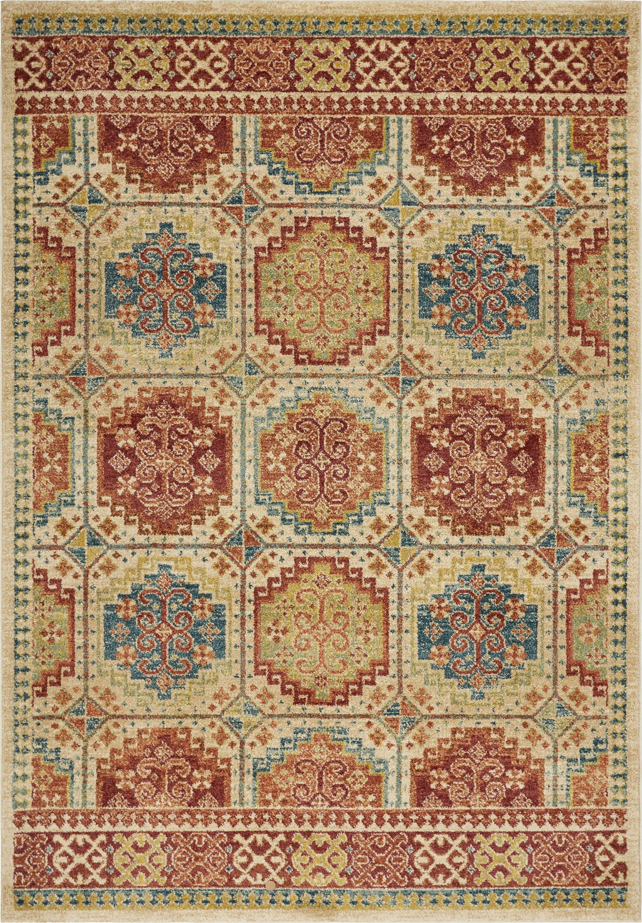 A large 118" x 158" Sand Polypropylene Rug featuring a vintage traditional design with distressed touches, made from soft frisee yarn.