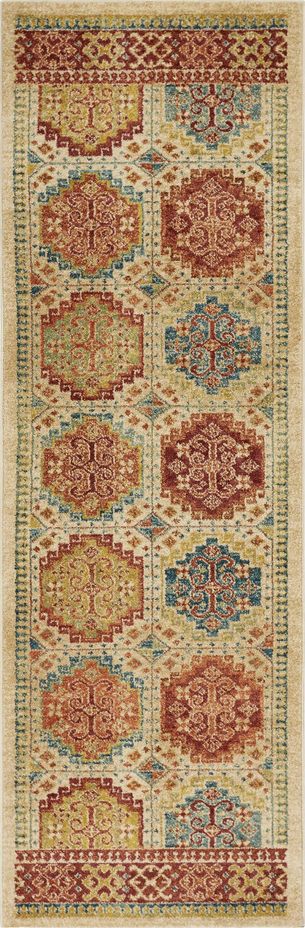 A large 118" x 158" Sand Polypropylene Rug featuring a vintage traditional design with distressed touches, made from soft frisee yarn.