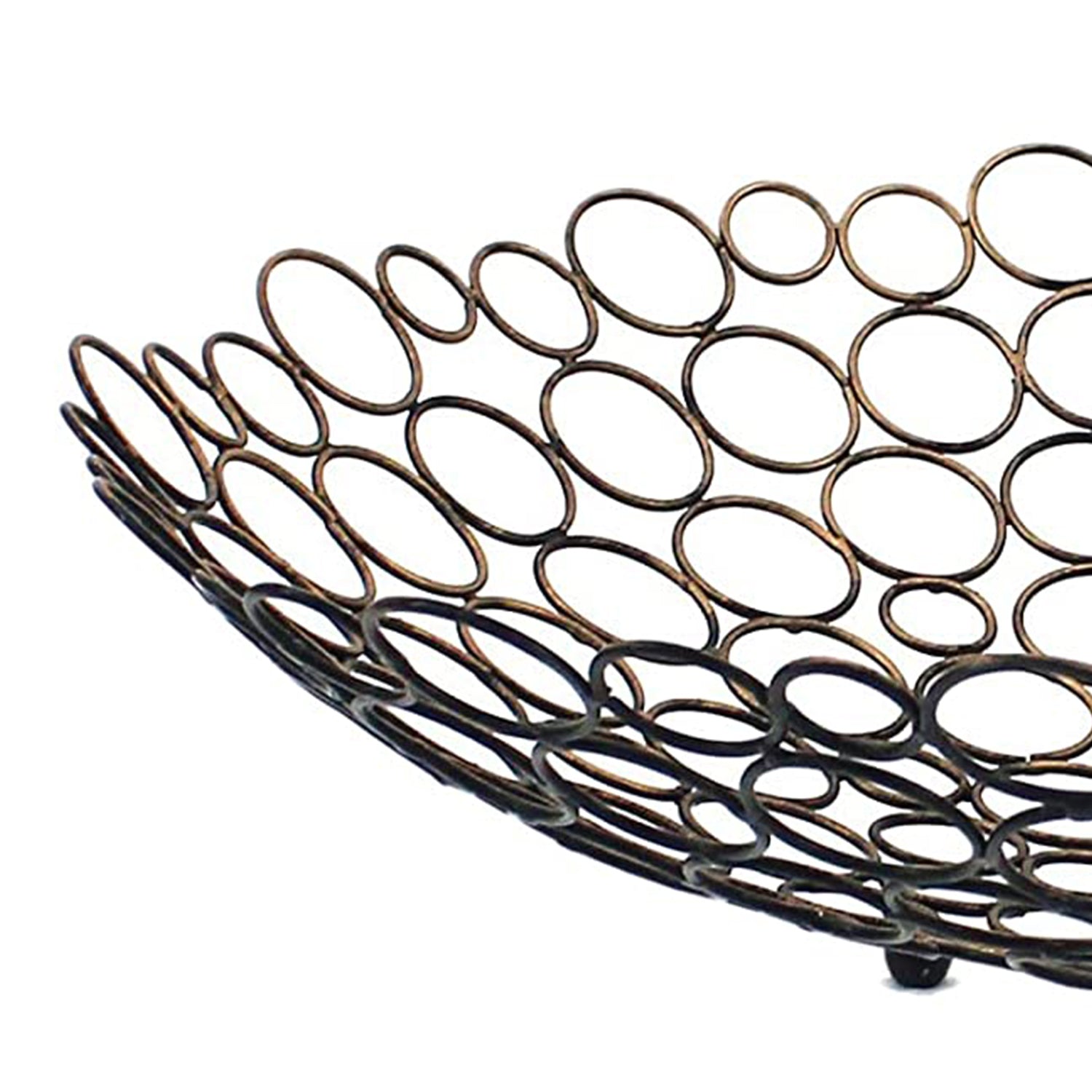 Elegant 18.5 x 18.5 x 4.5 bronze decorative metal tray with intricate perforated design and three ball supports.