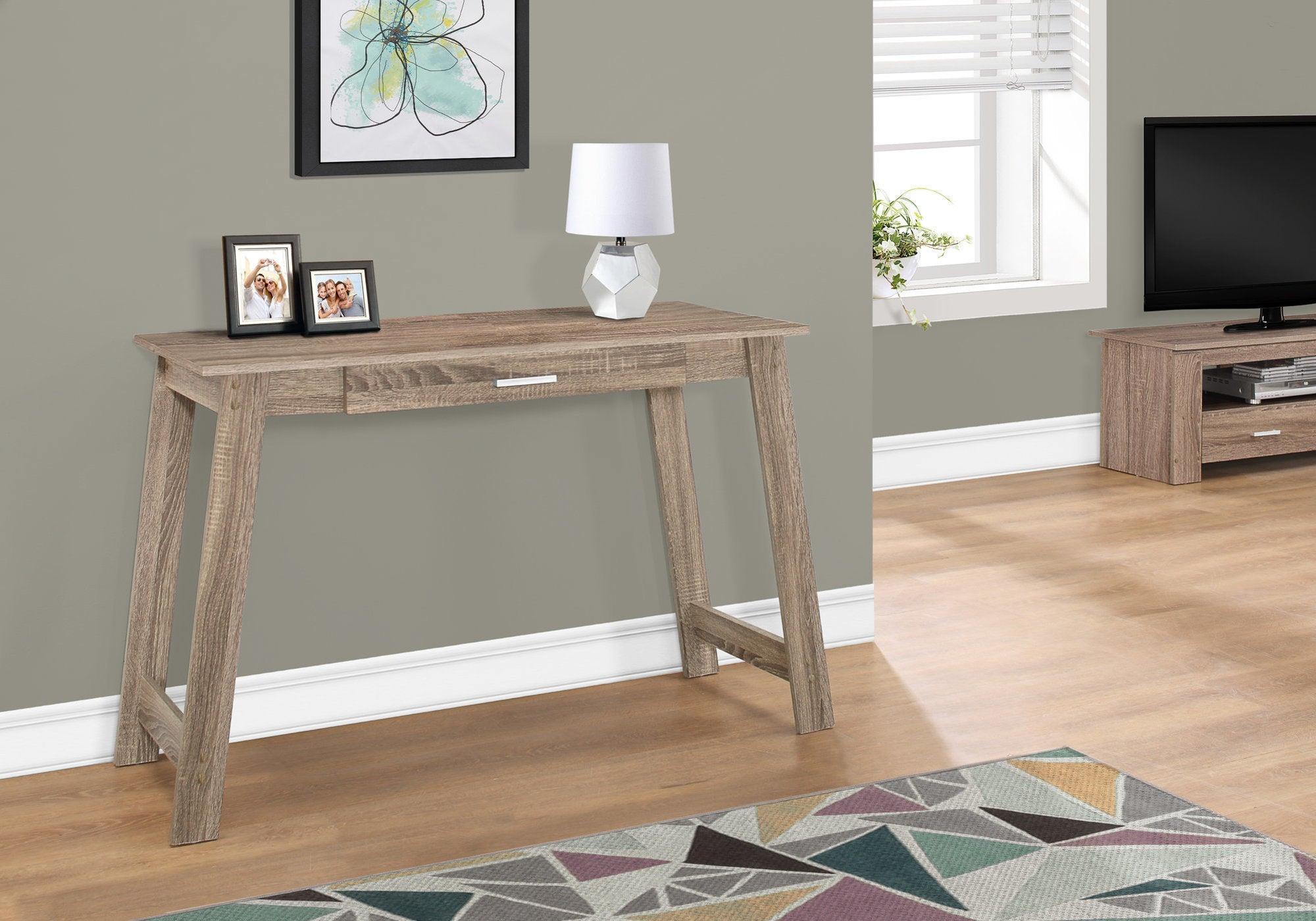 18 inches x 42 inches x 29.25 inches dark taupe particle board storage desk with a drawer, perfect for home office use.