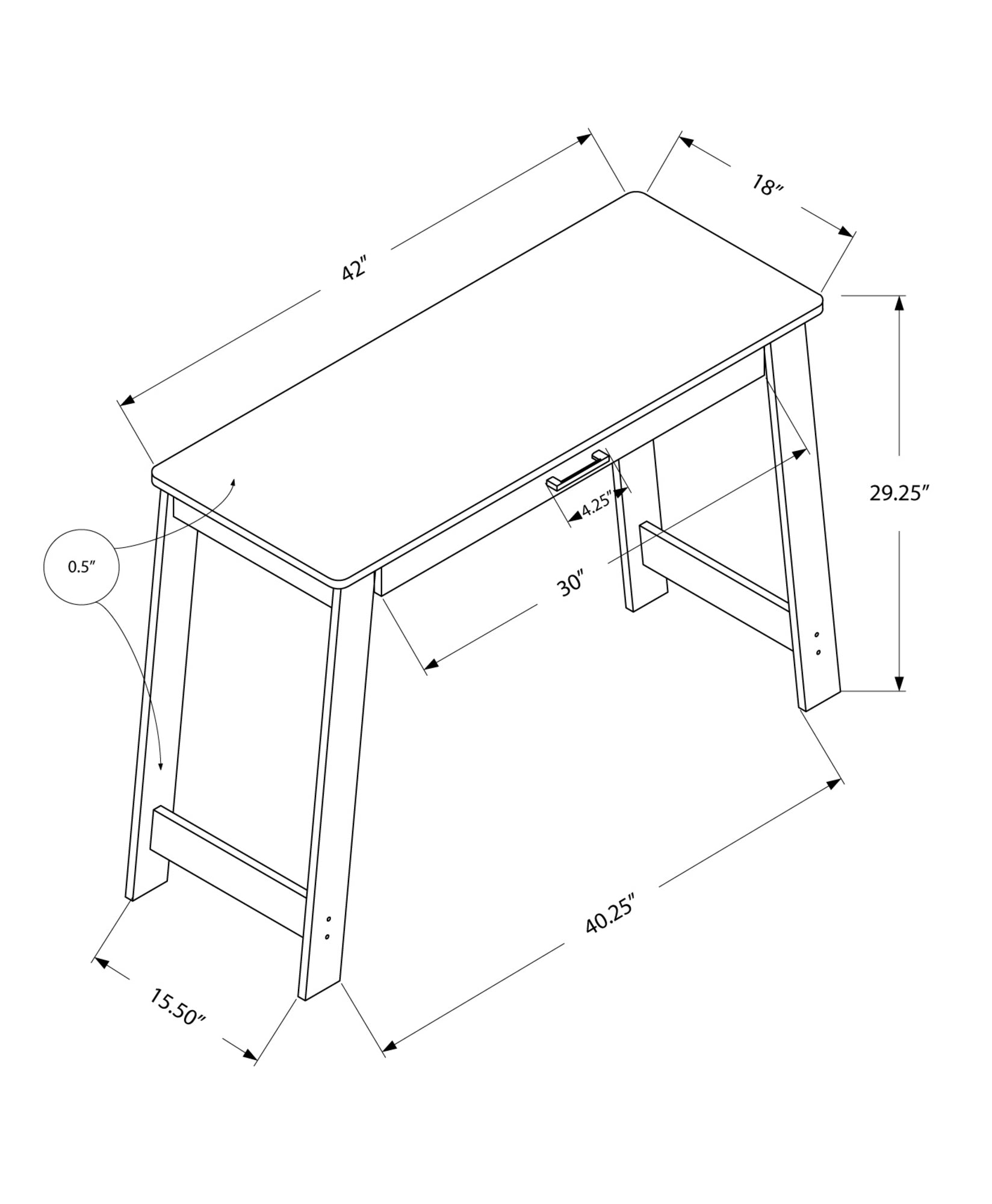 18 inches x 42 inches x 29.25 inches dark taupe particle board storage desk with a drawer, perfect for home office use.