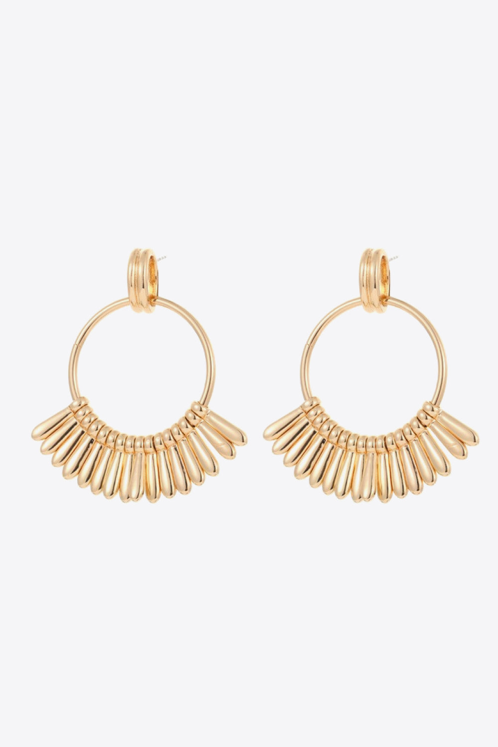 Elegant 18K gold-plated zinc alloy drop earrings with a minimalist design, showcasing their polished finish and modern style.