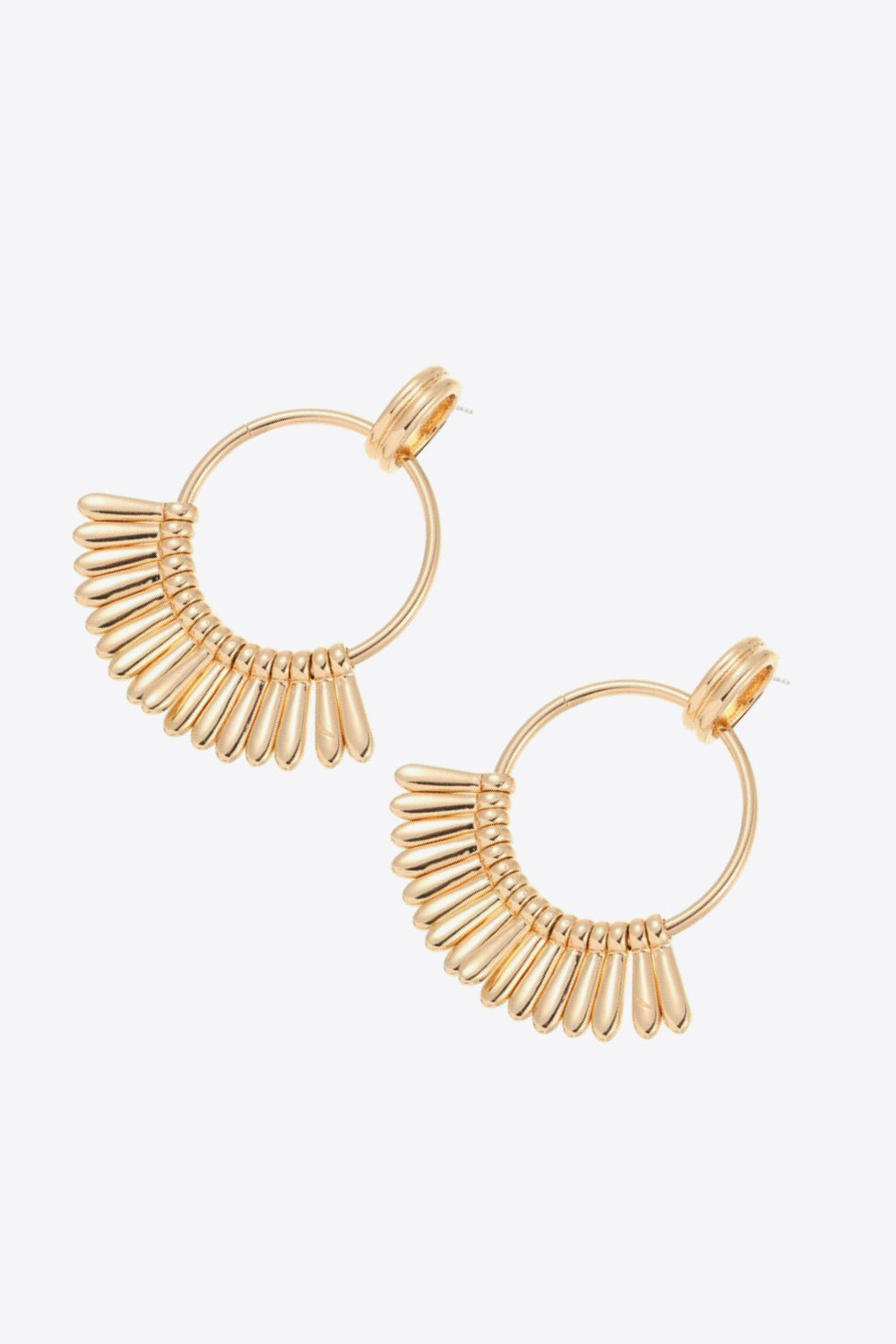 Elegant 18K gold-plated zinc alloy drop earrings with a minimalist design, showcasing their polished finish and modern style.