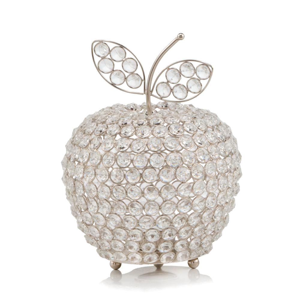 A stunning 11-inch Silver Apple Faux Crystal Sculpture featuring shimmering faux crystals and a sleek silver finish, perfect for home decor.