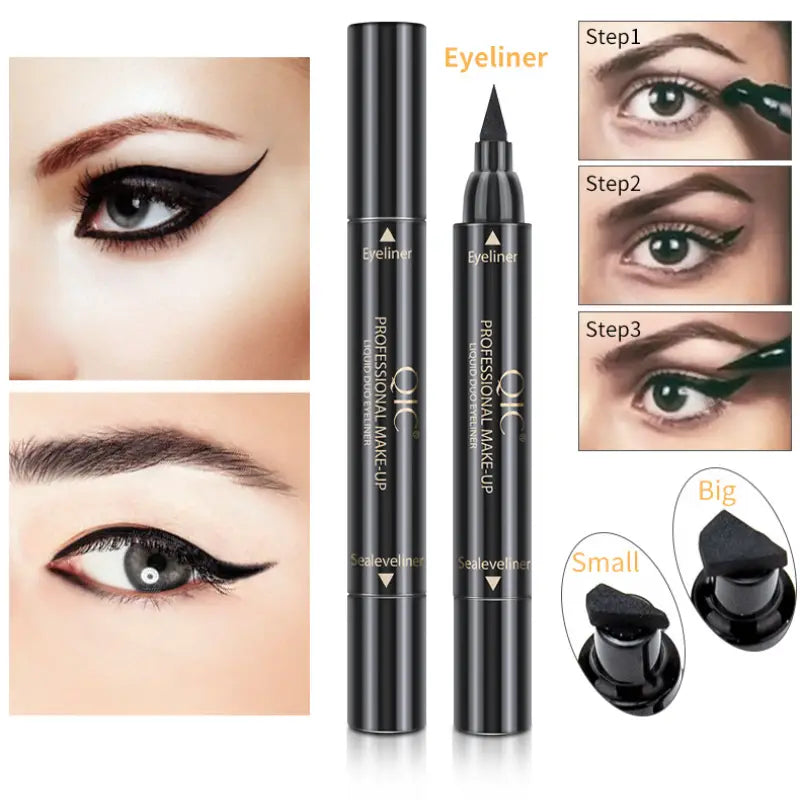 A sleek 2 in 1 Eyeliner Pen featuring a fine tip and a stamp for easy application, perfect for creating precise eye makeup looks.