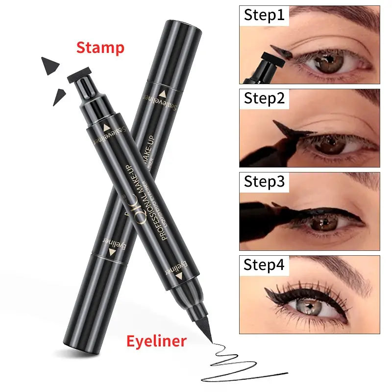 A sleek 2 in 1 Eyeliner Pen featuring a fine tip and a stamp for easy application, perfect for creating precise eye makeup looks.