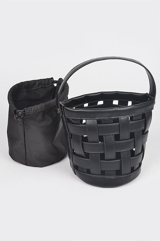 A stylish 2 In 1 Open Weaved Bucket Swing Bag showcasing its unique open-weaved design and compact size.