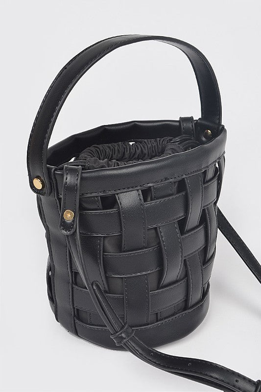 A stylish 2 In 1 Open Weaved Bucket Swing Bag showcasing its unique open-weaved design and compact size.