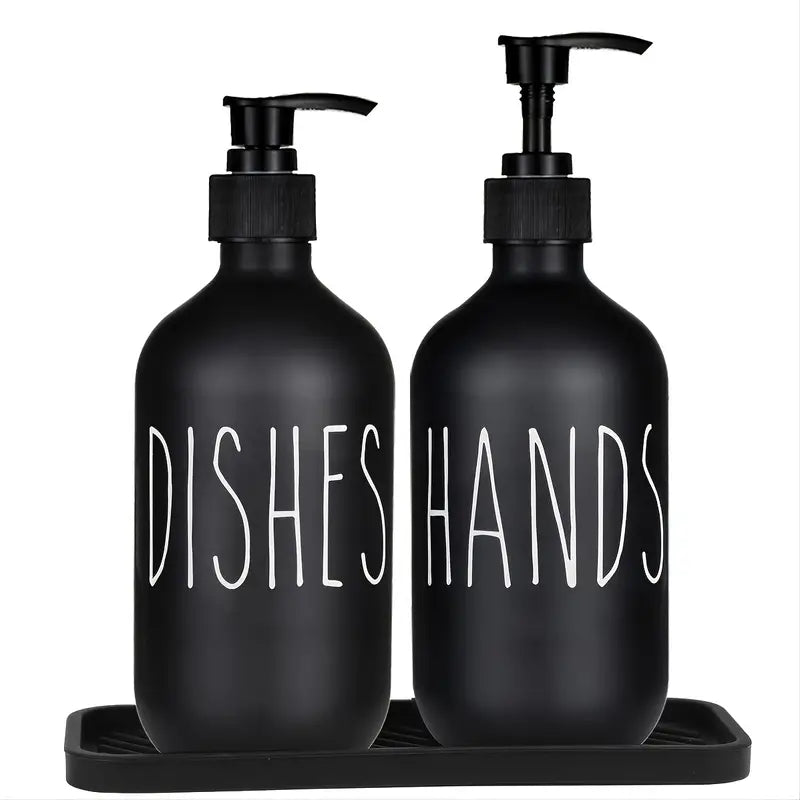 Two matte black soap dispensers with pumps, ideal for hand and dish soap, showcasing a sleek and modern design.