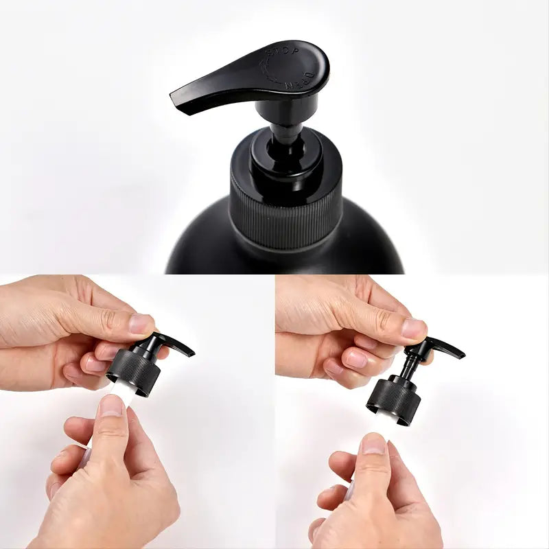 Two matte black soap dispensers with pumps, ideal for hand and dish soap, showcasing a sleek and modern design.