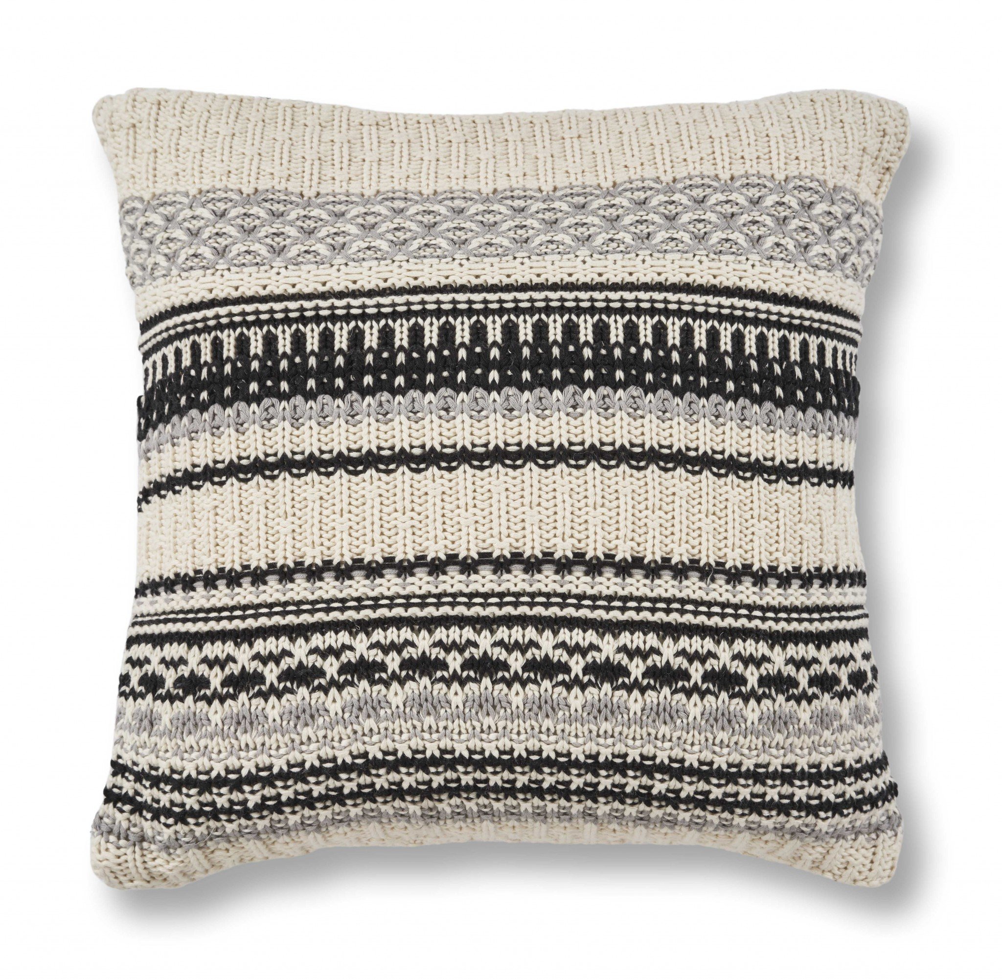 20x20 cotton pillow available in ivory and black, showcasing a contemporary design with soft texture and plush filling.