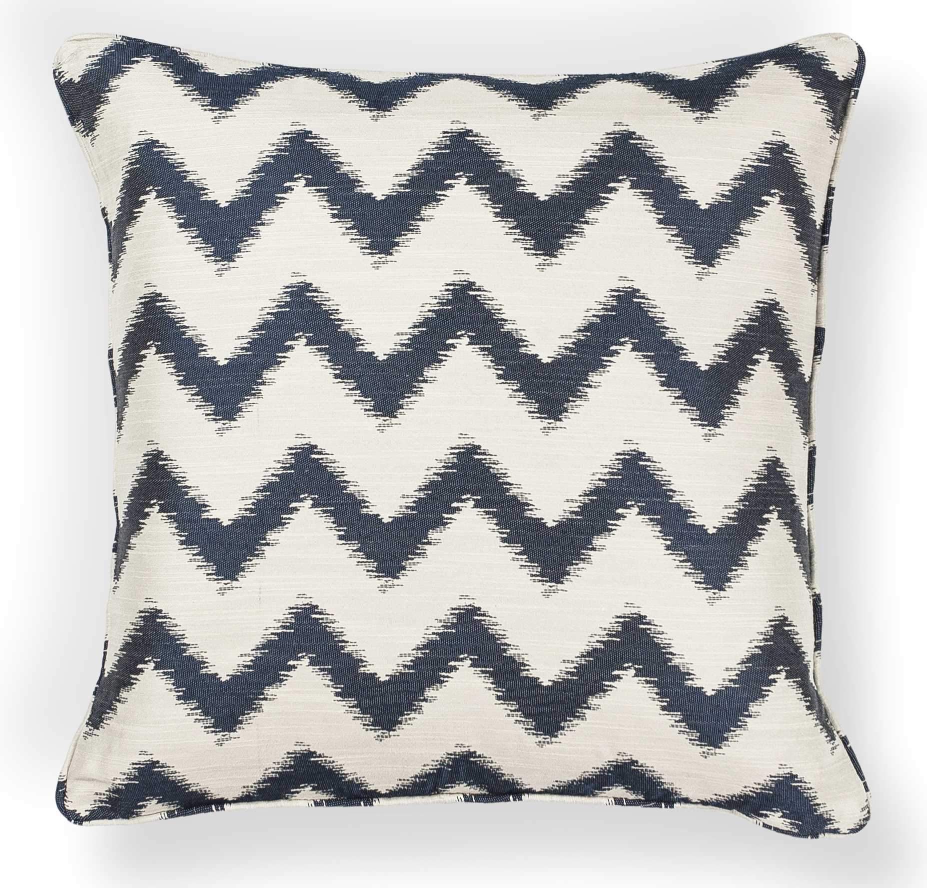 20x20 inch polyester pillow in ivory and navy chevron pattern, featuring piped edges and hidden zipper.