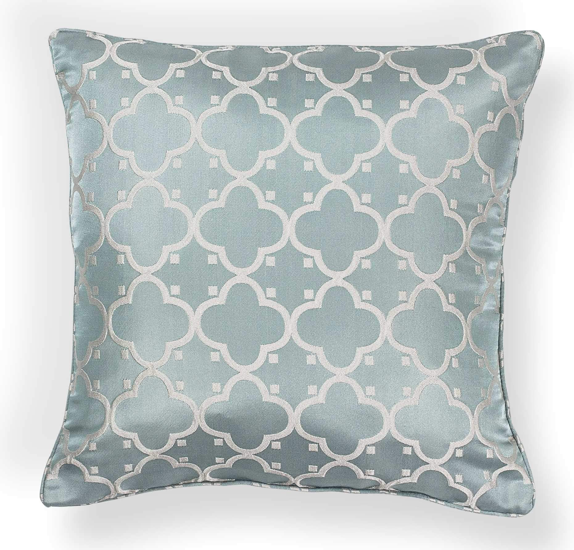 20x20 light blue polyester pillow with piped edges and hidden zipper, perfect for home decor.