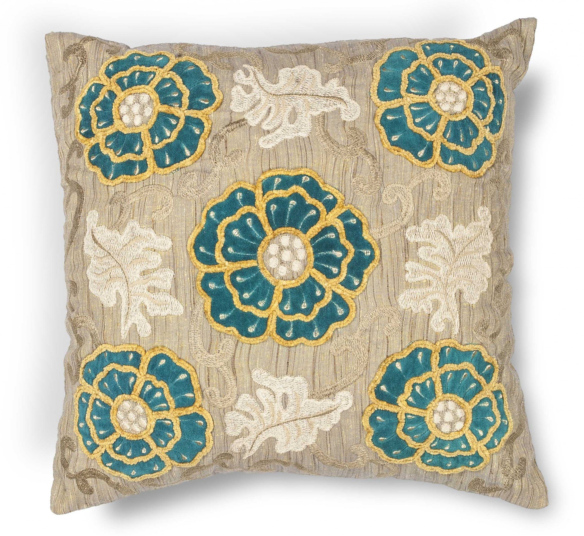 20x20 inch polyester pillow with taupe and teal floral design, featuring a textured front and hidden zipper closure.