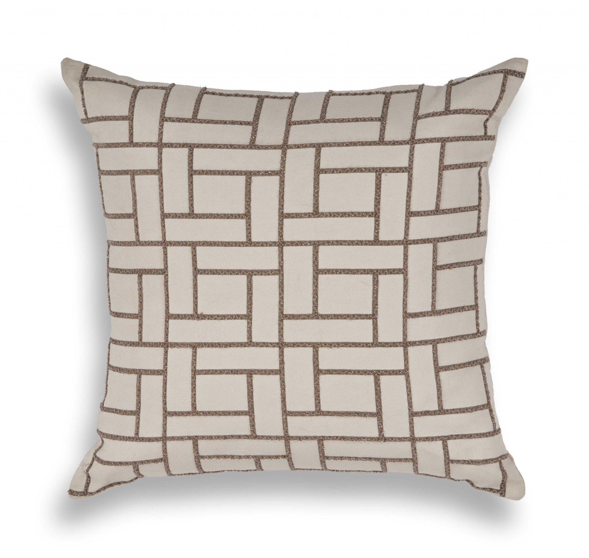 20" x 20" tan pillow with intricate embroidery, showcasing high-quality cotton fabric and plush filling.