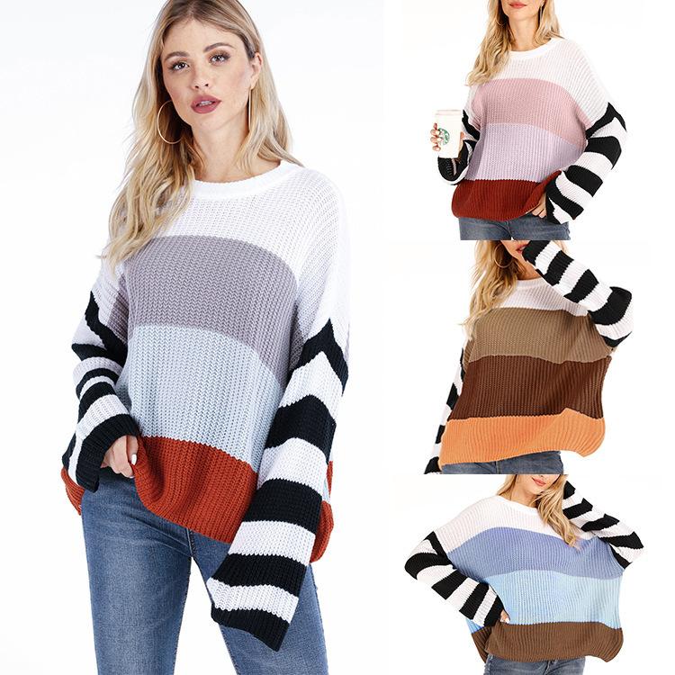 2021 Autumn and Winter New Women Clothing Color Splicing Knitwear featuring a stylish striped pattern in vibrant colors.