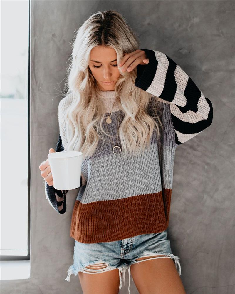 2021 Autumn and Winter New Women Clothing Color Splicing Knitwear featuring a stylish striped pattern in vibrant colors.