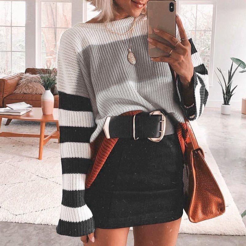 2021 Autumn and Winter New Women Clothing Color Splicing Knitwear featuring a stylish striped pattern in vibrant colors.