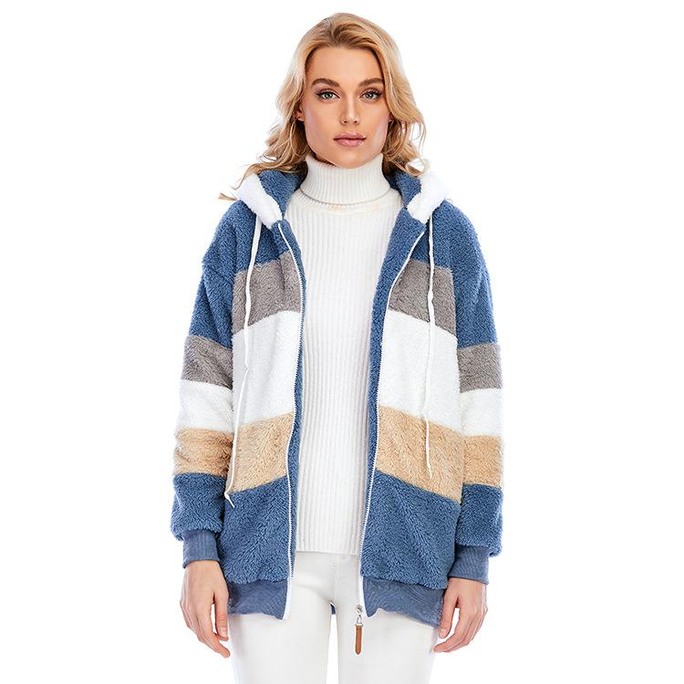 A cozy multi-color hooded jacket made of plush fabric, perfect for autumn and winter wear.