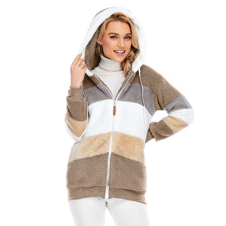 A cozy multi-color hooded jacket made of plush fabric, perfect for autumn and winter wear.