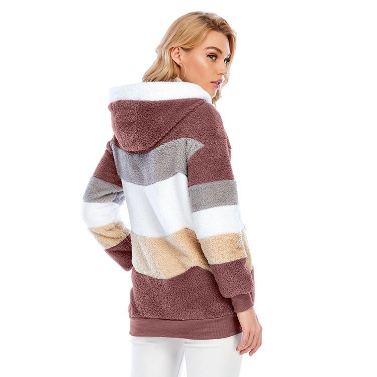 A cozy multi-color hooded jacket made of plush fabric, perfect for autumn and winter wear.