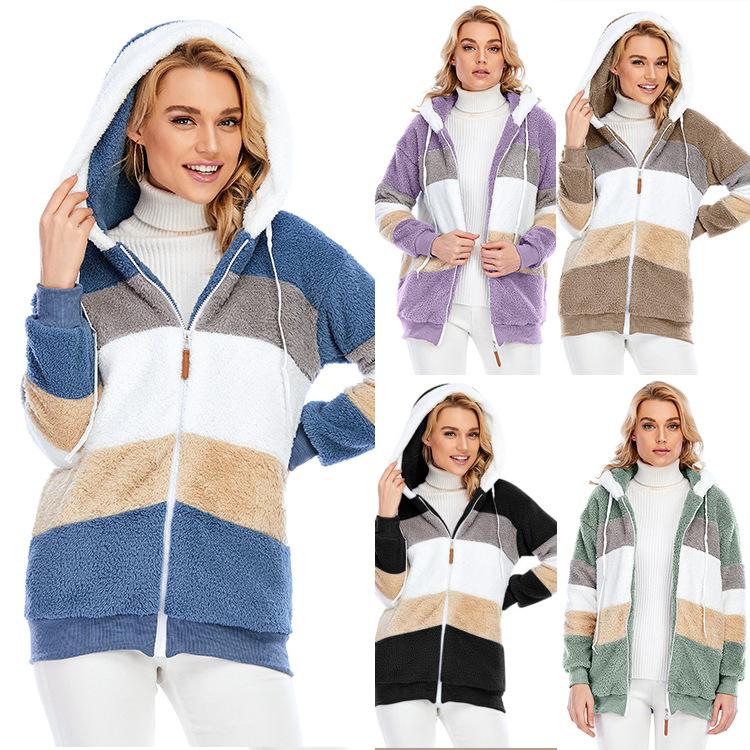 A cozy multi-color hooded jacket made of plush fabric, perfect for autumn and winter wear.