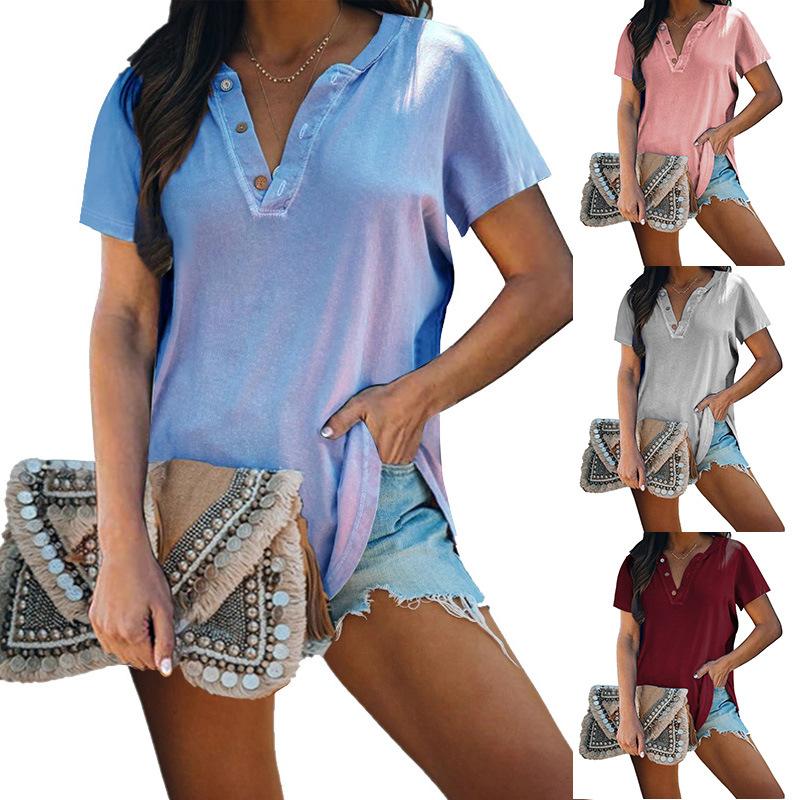 2021 New Women Clothing Solid Color V-neck Button Short Shirt in various colors, showcasing its stylish design and comfortable fabric.