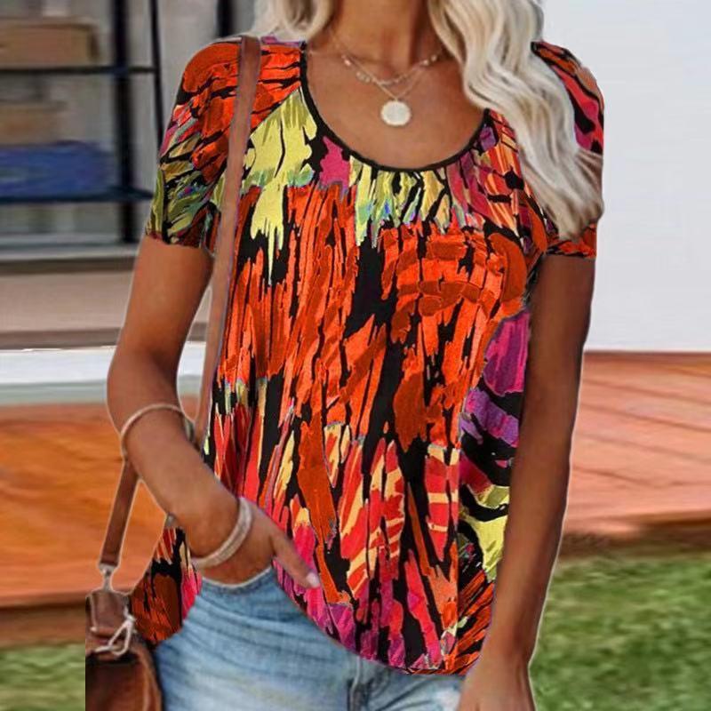 2021 New Women Loose Printed Round Neck Short Sleeve T-shirt Top in cotton, featuring a stylish print and comfortable fit.