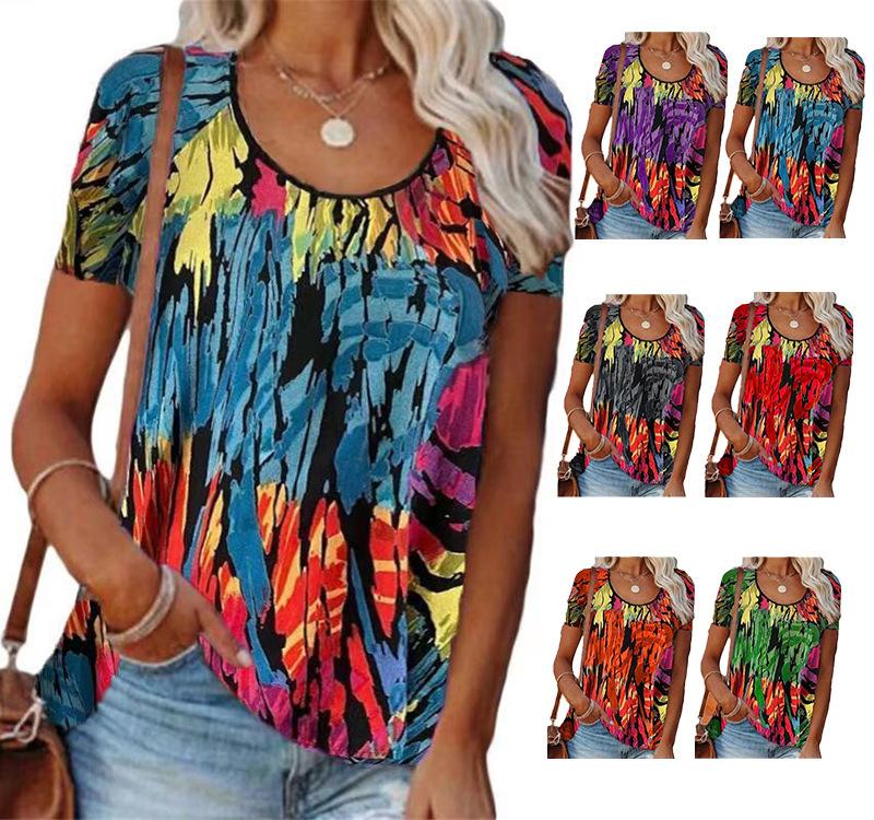 2021 New Women Loose Printed Round Neck Short Sleeve T-shirt Top in cotton, featuring a stylish print and comfortable fit.