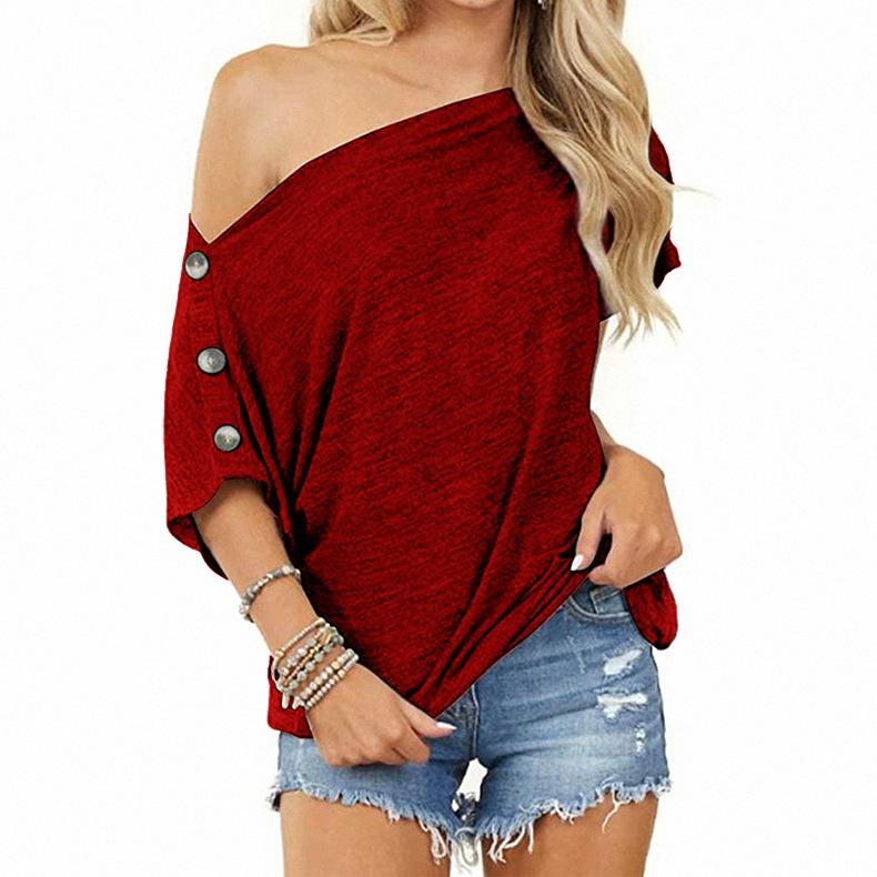 2021 New Women Tops off-Shoulder Button Short Sleeve T-shirt in solid color, showcasing stylish design and comfortable fit.