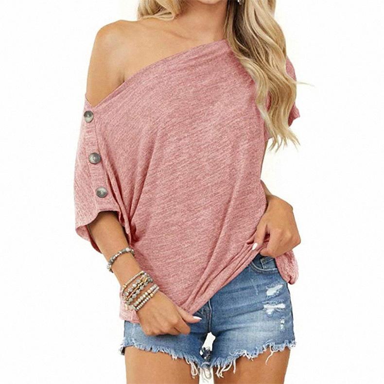 2021 New Women Tops off-Shoulder Button Short Sleeve T-shirt in solid color, showcasing stylish design and comfortable fit.