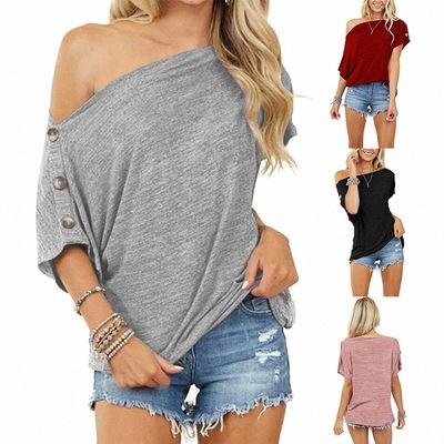 2021 New Women Tops off-Shoulder Button Short Sleeve T-shirt in solid color, showcasing stylish design and comfortable fit.