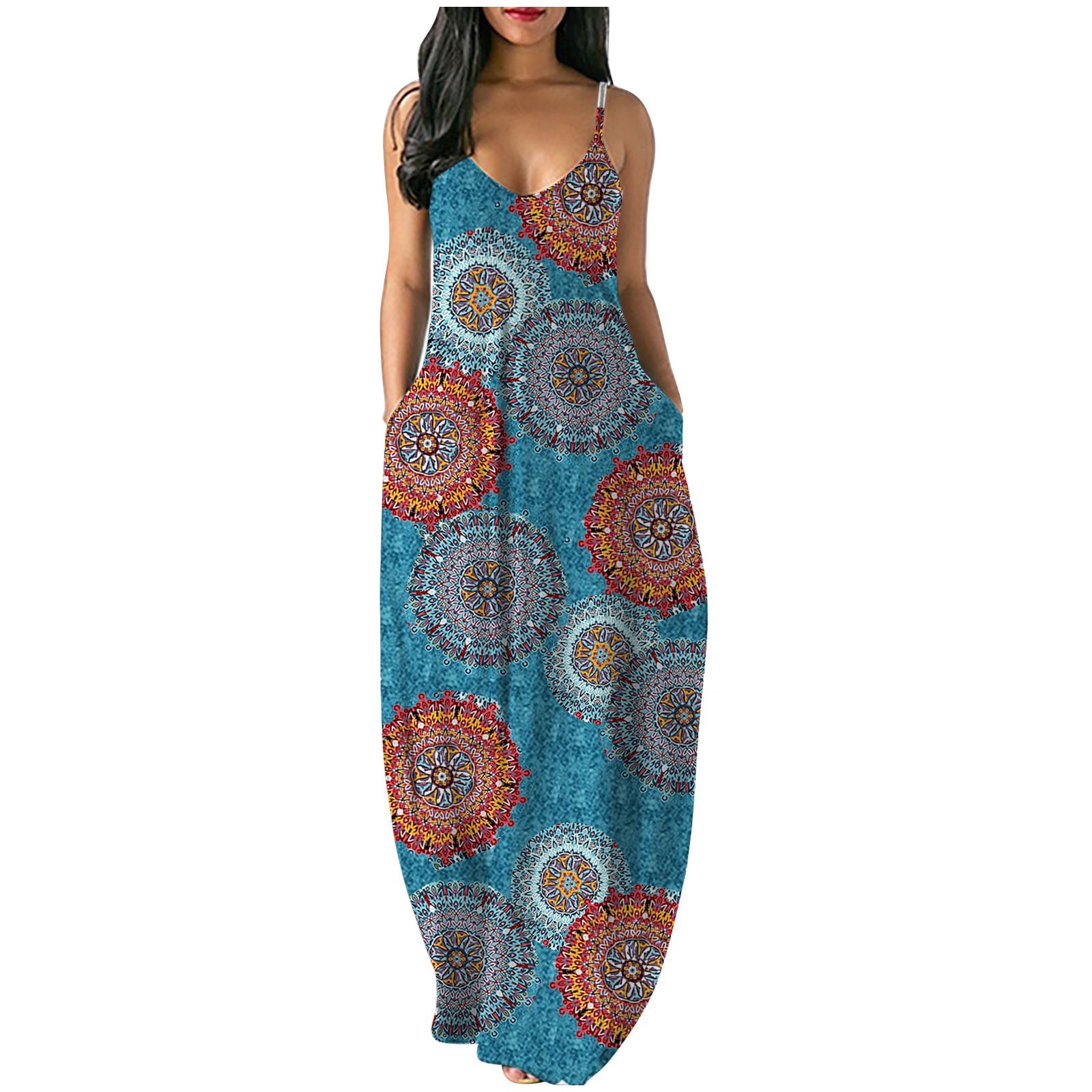 2021 Plus Size Women Fancy Printed Sexy Deep V Strap Maxi Dress featuring a floral pattern and deep V neckline, perfect for special occasions.