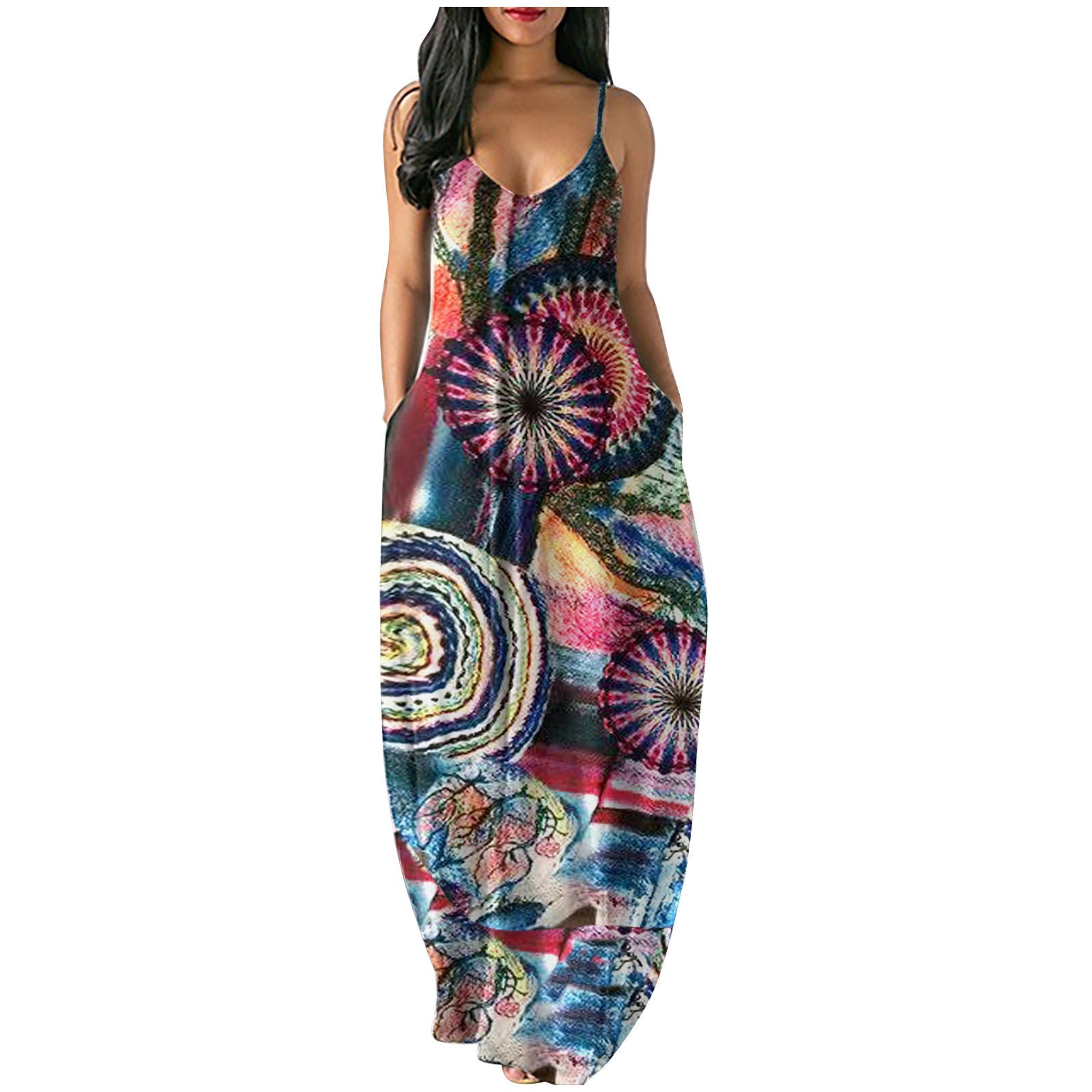 2021 Plus Size Women Fancy Printed Sexy Deep V Strap Maxi Dress featuring a floral pattern and deep V neckline, perfect for special occasions.