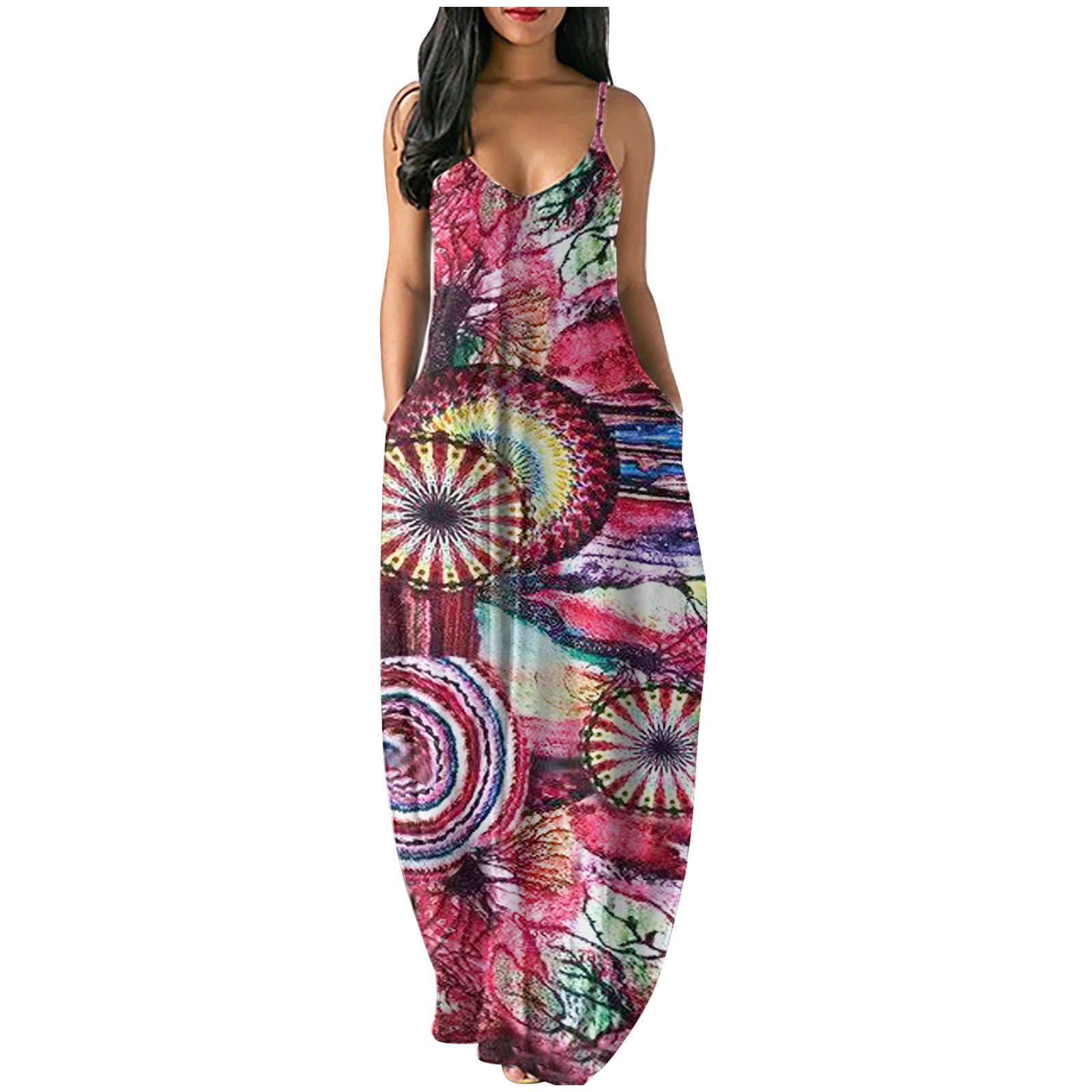 2021 Plus Size Women Fancy Printed Sexy Deep V Strap Maxi Dress featuring a floral pattern and deep V neckline, perfect for special occasions.