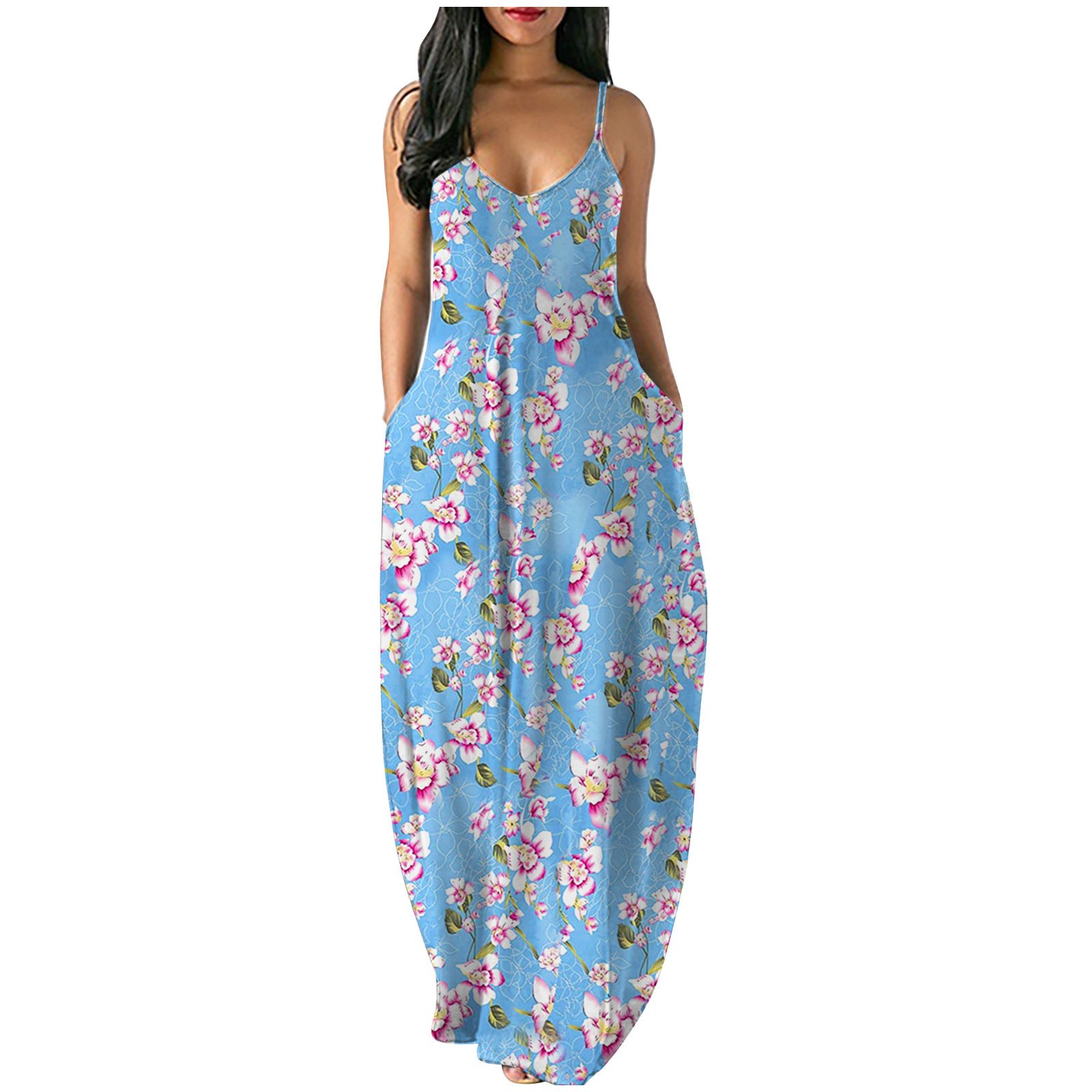 2021 Plus Size Women Fancy Printed Sexy Deep V Strap Maxi Dress featuring a floral pattern and deep V neckline, perfect for special occasions.