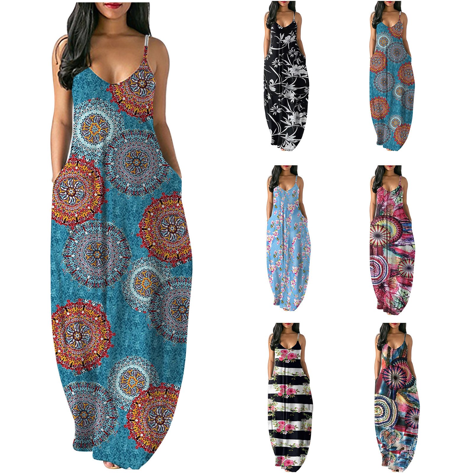 2021 Plus Size Women Fancy Printed Sexy Deep V Strap Maxi Dress featuring a floral pattern and deep V neckline, perfect for special occasions.