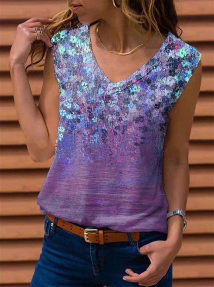 2021 Spring V-neck Printed Sleeveless Vest for women, showcasing a stylish design and vibrant print, perfect for warm weather.